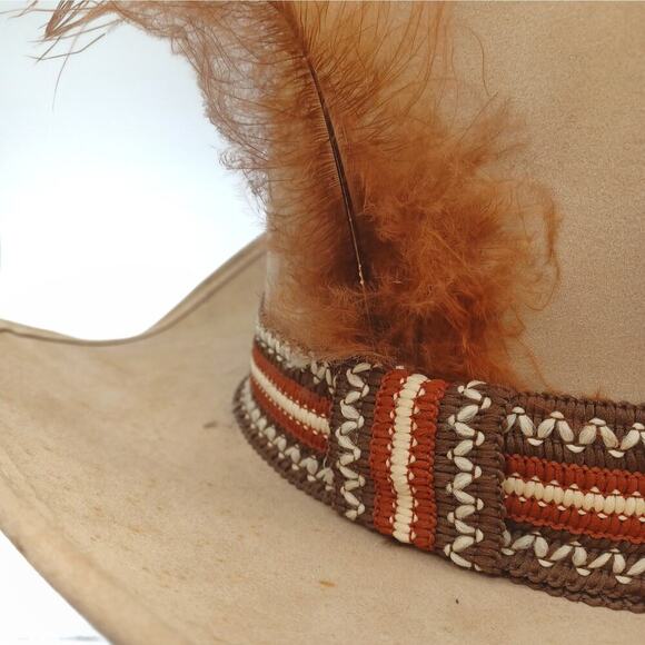 Vintage Union Made Cowboy Hat | Wool Felt Beige Feather Detail Western Size L - Picture 12 of 13